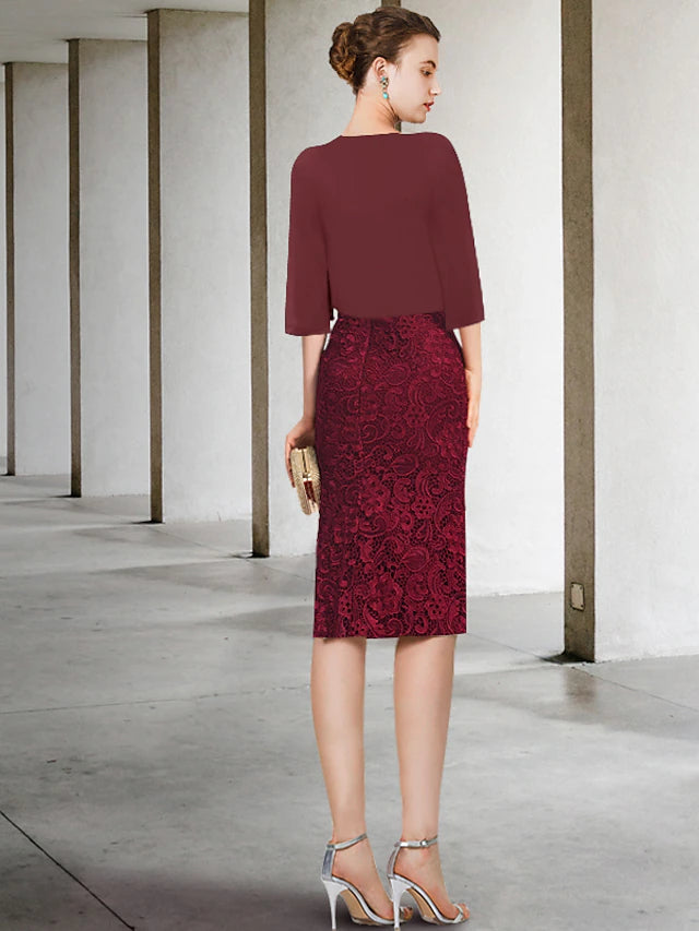 Luolandi Two Piece Sheath / Column Mother of the Bride Dress Formal Wedding Guest Party Elegant Off Shoulder Knee Length Chiffon Lace Short Sleeve